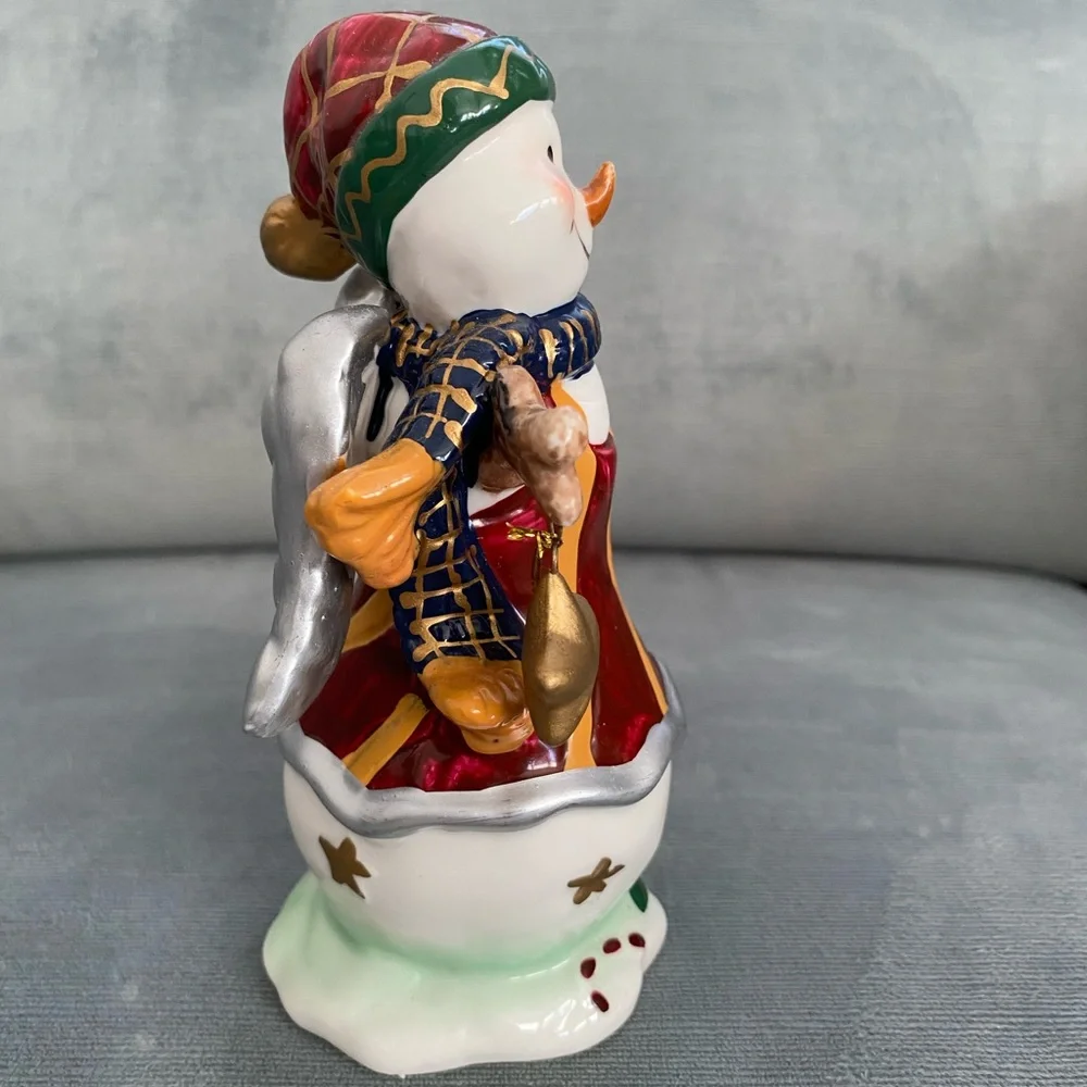 Cheerful Ceramic Snowman Figurine with Gold and Red Accents, Dangling Stars - Picture 3 of 9